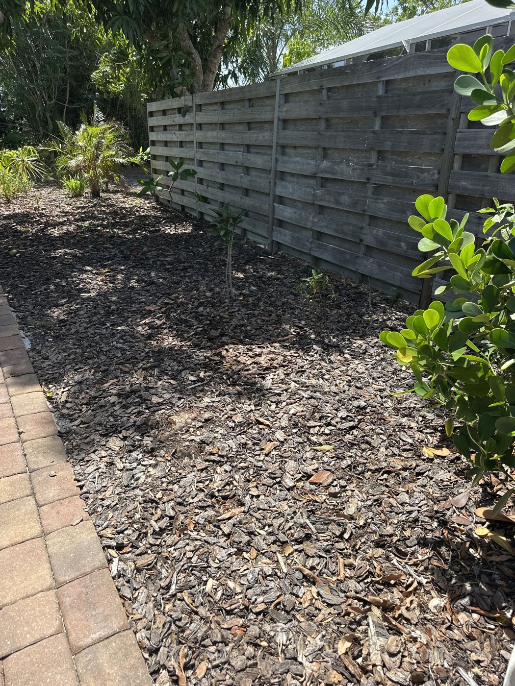 Fence-line bed freshly mulched